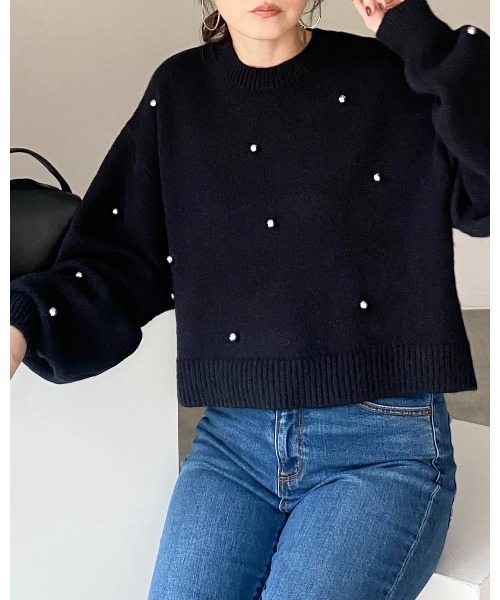 パールネックボリュームスリーブニット She's Closet ニット セーター ボリュームスリーブ長袖ショート