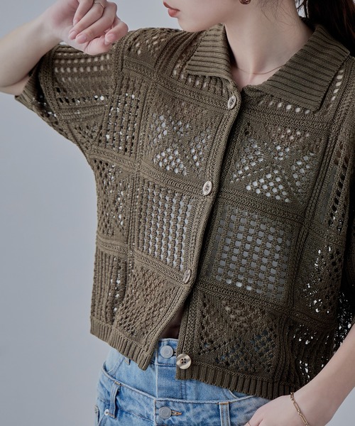tシャツ ショートクロシェニットフーディー レディース etoll. tシャツ クロシェニットショートシャツ レディース