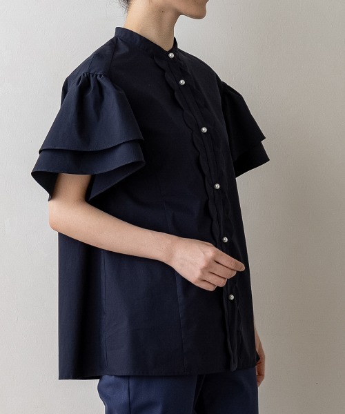 sono オーガンザ フリル フレア ブラウス 半袖 ネイビー ソーノ Sono ブラウス シャツ 「SONO/ソーノ」「PLUVIOPHILE COL