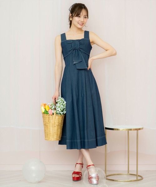 Willselection ツイード風ストライプノースリーブワンピース WILLSELECTION ワンピース ドレープリボンノースリーブ