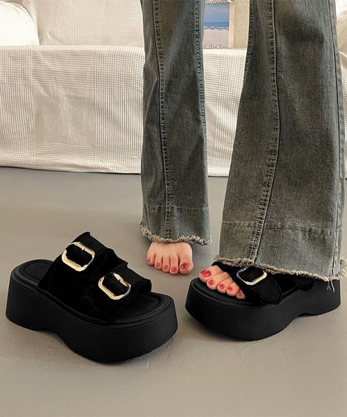 デニム厚底スリッパサンダルおしゃれ miniministore サンダル ダブルバックルサンダルデニム厚底