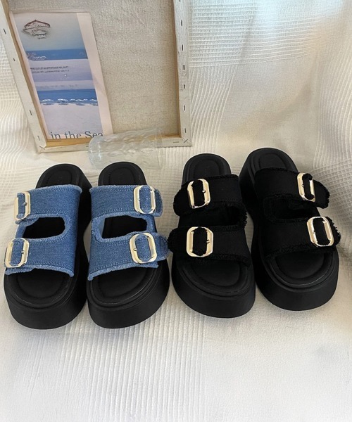 miniministore サンダル ダブルバックルサンダルデニム厚底