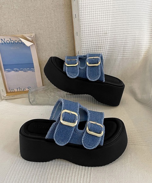 miniministore サンダル ダブルバックルサンダルデニム厚底