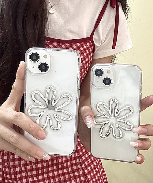 c.u.l スマホケース 立体 花 シルバー クリア iPhoneカバー アイフォン
