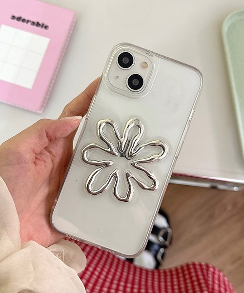 c.u.l スマホケース 立体 花 シルバー クリア iPhoneカバー アイフォン