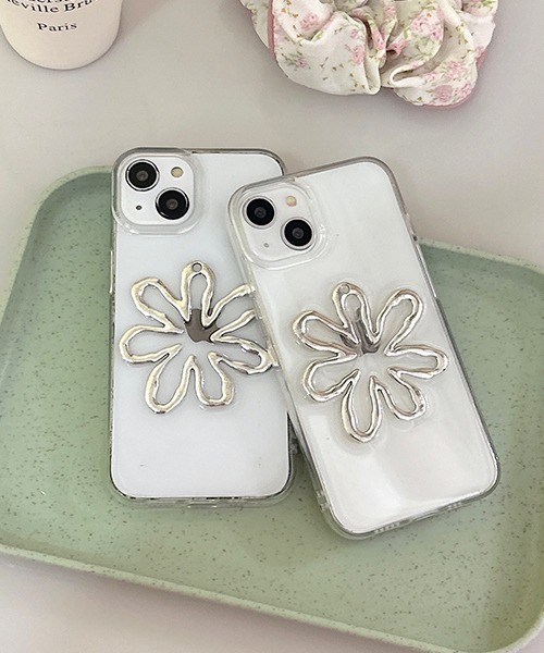 c.u.l スマホケース 立体 花 シルバー クリア iPhoneカバー アイフォン