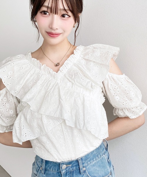 リネンシャツ ブラウス シャツ 夏 半袖 コットンレース2WAYオフショル 