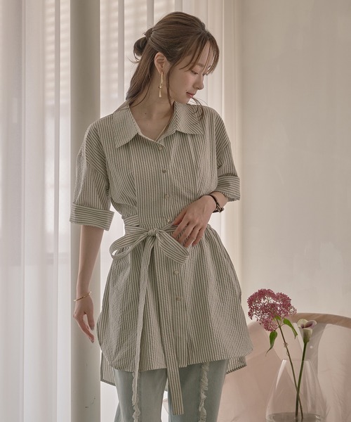 ブラウス シャツ back open striped shirt / バックオープンストライプシャツ レディース mideal ブラウス シャツ back open striped shirt / バック
