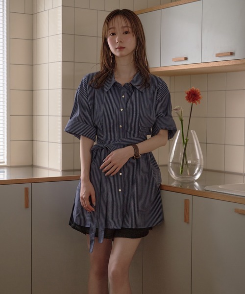 ブラウス シャツ back open striped shirt / バックオープンストライプシャツ レディース mideal ブラウス シャツ back open striped shirt / バック
