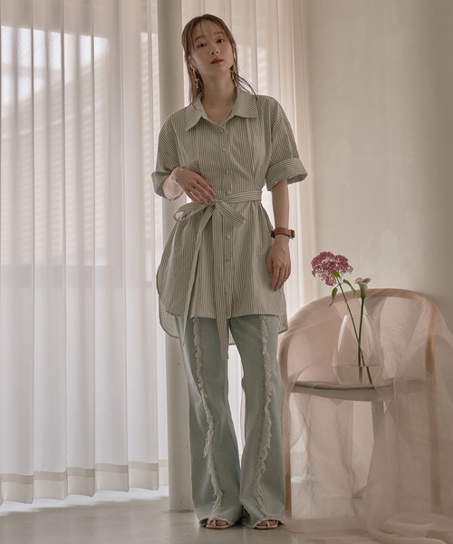 mideal ブラウス シャツ back open striped shirt / バック