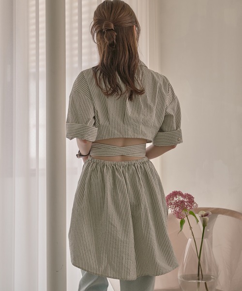 ブラウス シャツ back open striped shirt / バックオープンストライプシャツ レディース mideal ブラウス シャツ back open striped shirt / バック