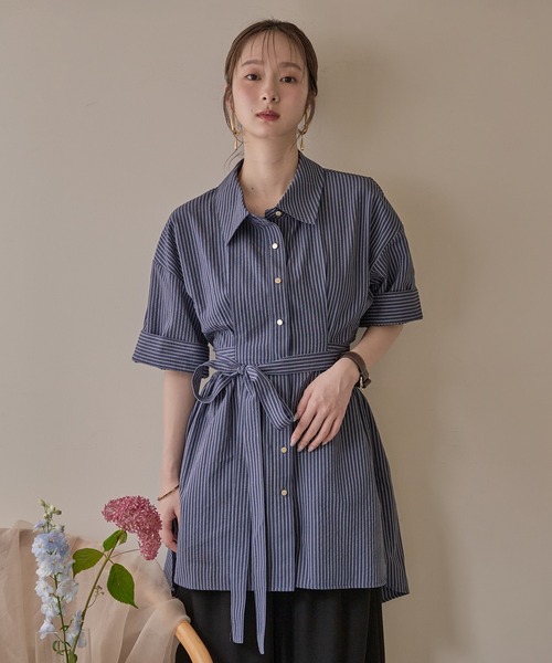 mideal（マイディール） ブラウス シャツ back open striped shirt