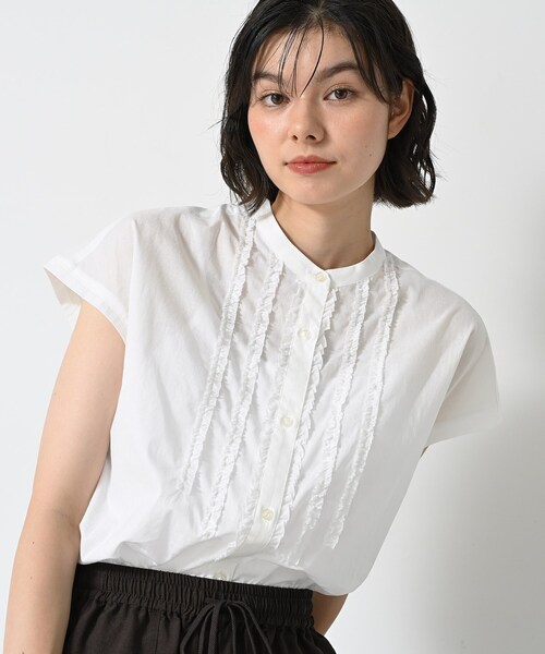 ブラウス シャツ 「洗える」スタンドカラーフリルブラウス レディース
