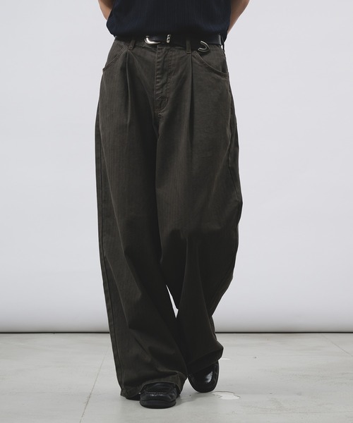 Adoon plain スラックス TUCK HERRINGBONE WIDE PANTS / タック