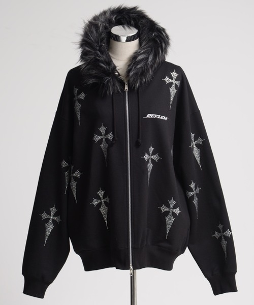 REFLEM クロス総柄ラインストーンZIPパーカー/ジップアップパーカー REFLEM（レフレム） パーカー 「REFLEM/レフレム」クロス総柄ライン
