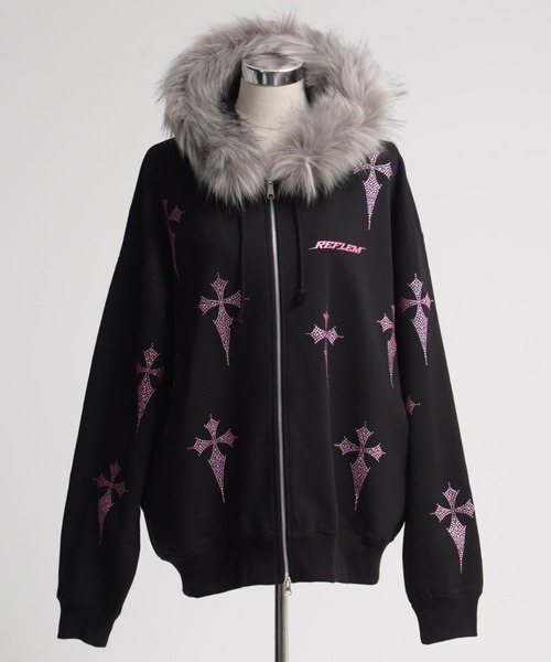 レフレム クロス総柄ラインストーンZIPパーカー/ジップアップパーカー ブラック REFLEM/レフレム』クロス総柄ラインストーンZIPパーカー/ジップアップ