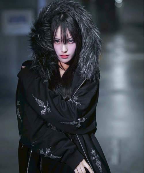 極美品　REFLEM　クロス総柄　ラインストーン　ジップパーカー　黒　赤　F 極美品 REFLEM クロス総柄 ラインストーン ジップパーカー 黒 赤 F