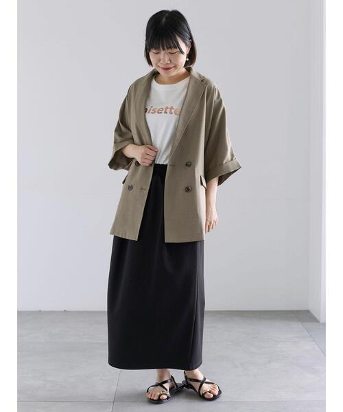 ジャケット ノーカラージャケット ダブル釦5分袖ジャケット レディースの画像