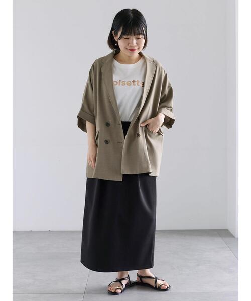ジャケット ノーカラージャケット ダブル釦5分袖ジャケット レディースの画像
