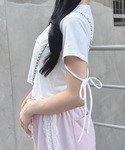 tシャツ ビジュー飛ばし袖リボンレースロゴTシ...の詳細画像3