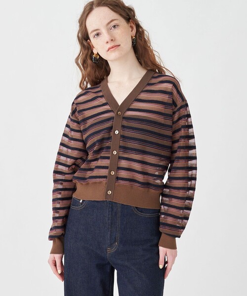 MACPHEE マカフィーシアーヤーンボーダーVネックカーディガン MACPHEE カーディガン シアーヤーンボーダー Vネック