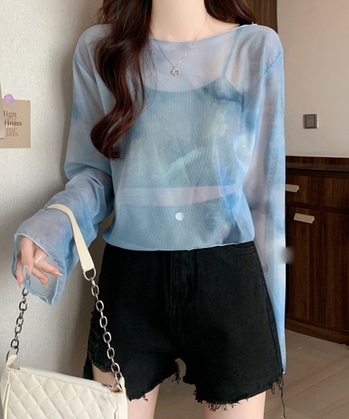 IRADOWL tシャツ 水彩柄フレアスリーブシアートップス