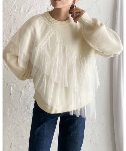 美品✨レリアン レイヤードフリルブラウス 異素材ドッキング コットンニット 近年 セール】レイヤードフリルビスチェ風チュールドッキングニット