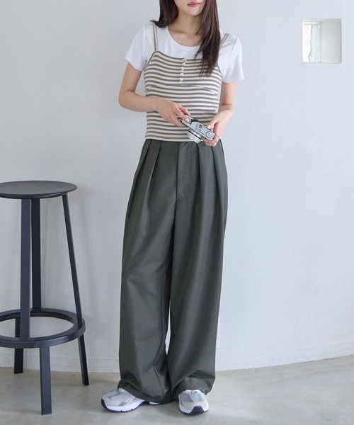 ワイドパンツ スラックス パンツ 「新色追加」タックボリュームワイド