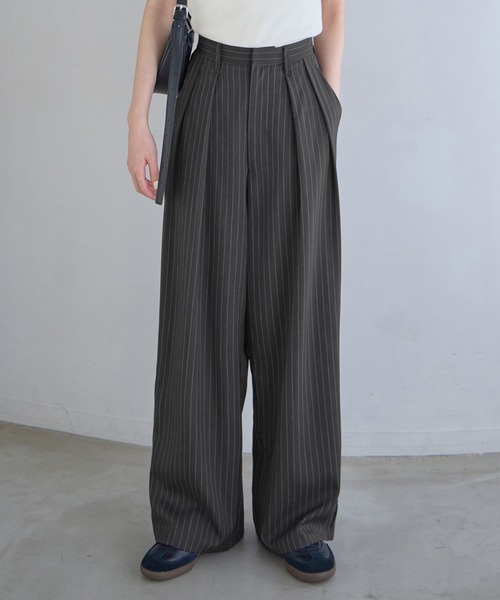 ワイドパンツ スラックス パンツ 「新色追加」タックボリュームワイド