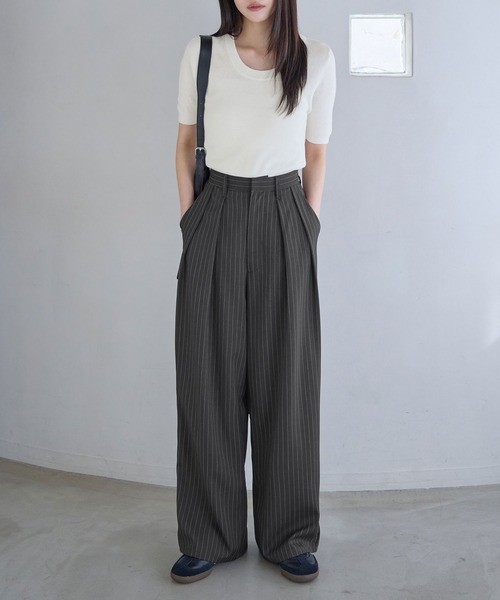 ワイドパンツ スラックス パンツ 「新色追加」タックボリュームワイド