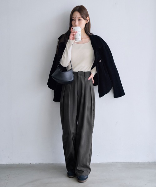 ワイドパンツ スラックス パンツ 「新色追加」タックボリュームワイド