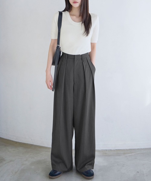 ワイドパンツ スラックス パンツ 「新色追加」タックボリュームワイド