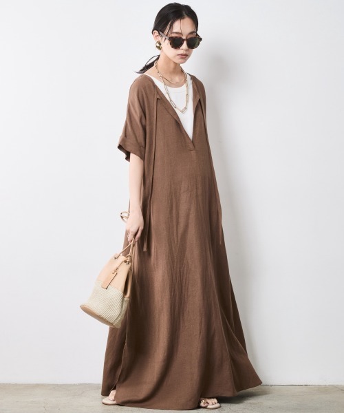 【関税込み】Miaou グリーン Thais マキシワンピース CHIC STYLE ワンピース レーヨン麻2WAYフレンチスリーブマキシ