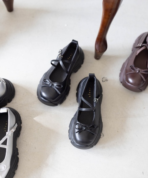 clear パンプス リボン付き厚底メリージェーンスニーカーサンダル