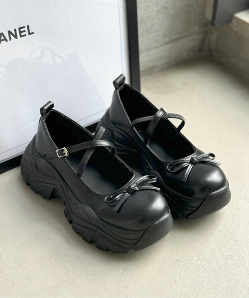 clear パンプス リボン付き厚底メリージェーンスニーカーサンダル