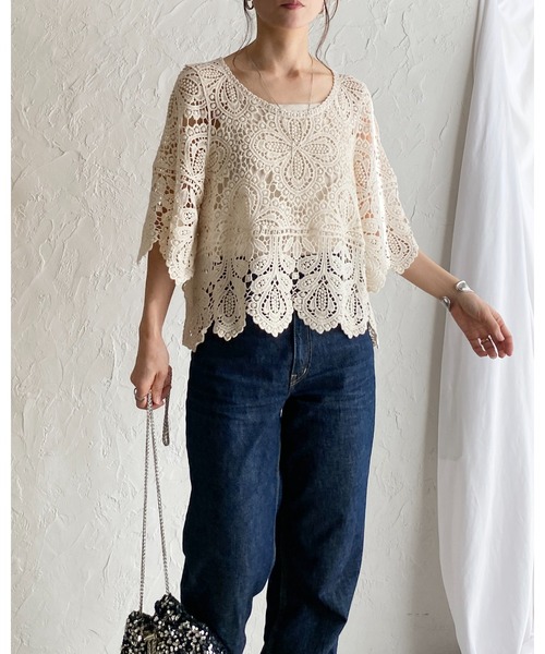 She's Closet ニット セーター 綿100%ショート丈半端袖かぎ針