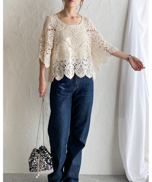 She's Closet ニット セーター 綿100%ショート丈半端袖かぎ針