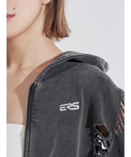 【新品 タグ付き】黒 クロップドパーカー【EVRIS】 EVRIS パーカー ダメージスウェットクロップドパーカー