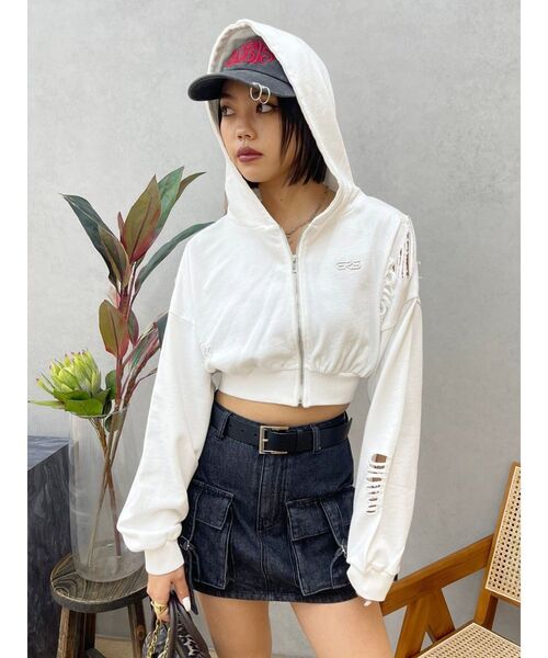 【新品 タグ付き】黒 クロップドパーカー【EVRIS】 EVRIS パーカー ダメージスウェットクロップドパーカー