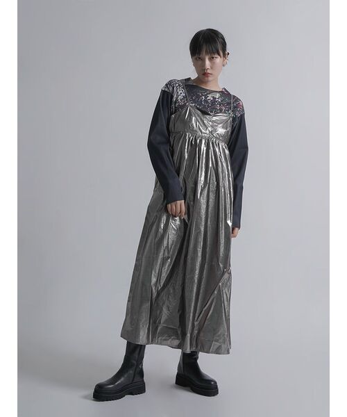 メタリック★チュール★アシンメトリーワンピース★ MAJE レースドット柄 長袖シャツワンピース チュールスカート