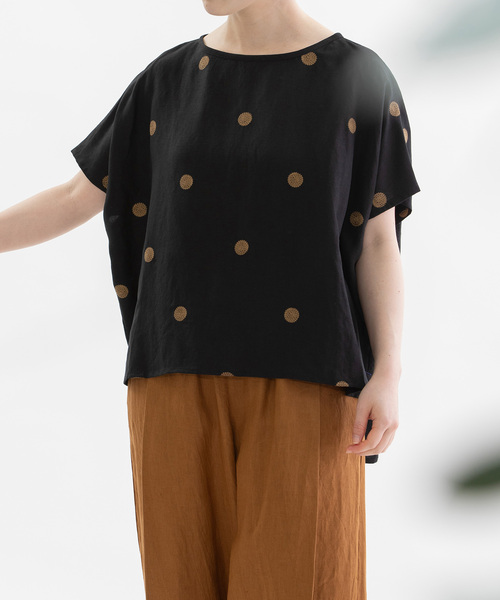 ノップドゥノッド（nop de nod）/リネンレーヨンpolka刺繍ノーカラートップス nop de nod（ノップドゥノッド） ブラウス シャツ リネンレーヨンpolka