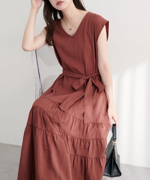 natural couture ワンピース Vネックギャザー切替ワンピース