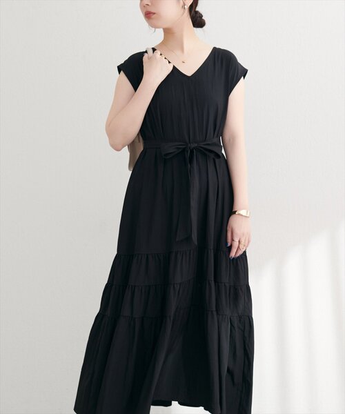 natural couture ワンピース Vネックギャザー切替ワンピース