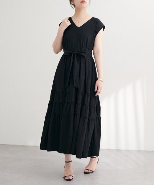 natural couture ワンピース Vネックギャザー切替ワンピース