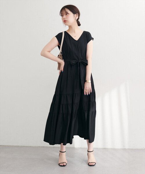 極美品☆ジャーナルスタンダードレサージュ 洗える Vネック ギャザーワンピース natural couture ワンピース Vネックギャザー切替ワンピース