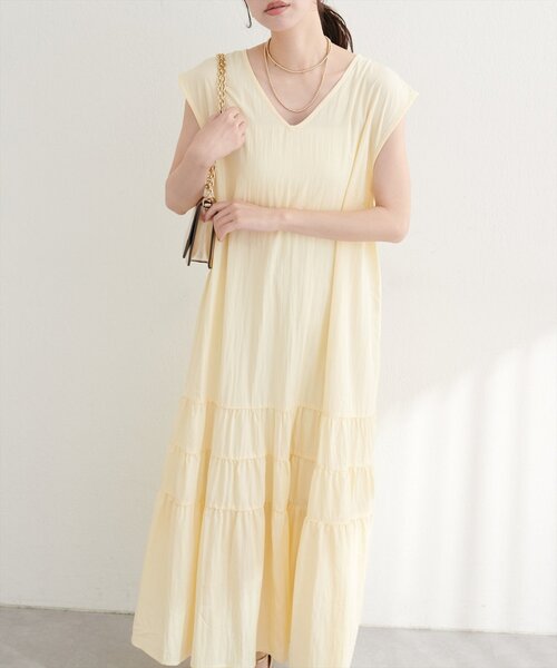 natural couture ワンピース Vネックギャザー切替ワンピース