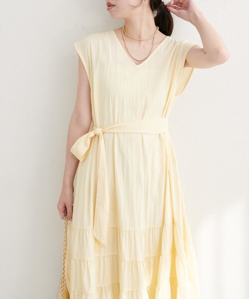 natural couture ワンピース Vネックギャザー切替ワンピース