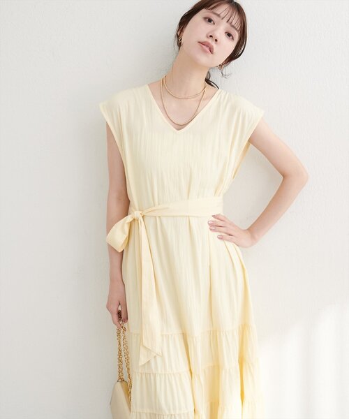 natural couture ワンピース Vネックギャザー切替ワンピース