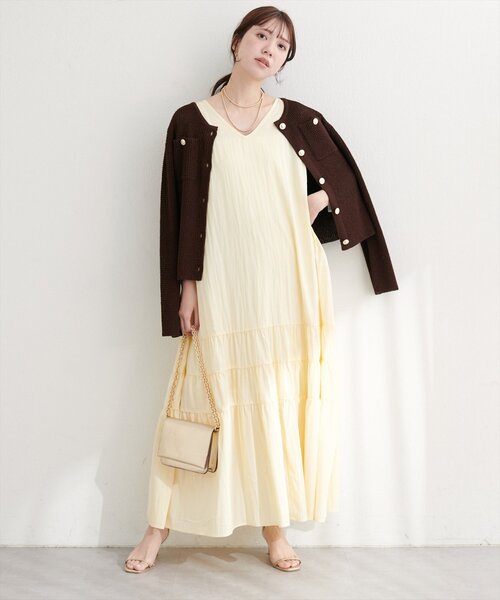 natural couture ワンピース Vネックギャザー切替ワンピース
