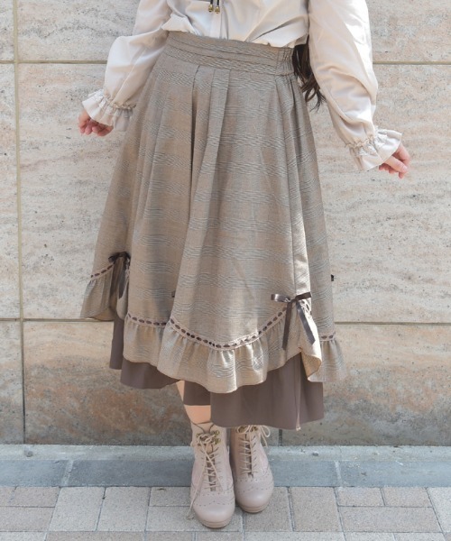 axes femme スカート ハシゴレース×リボン配色スカート